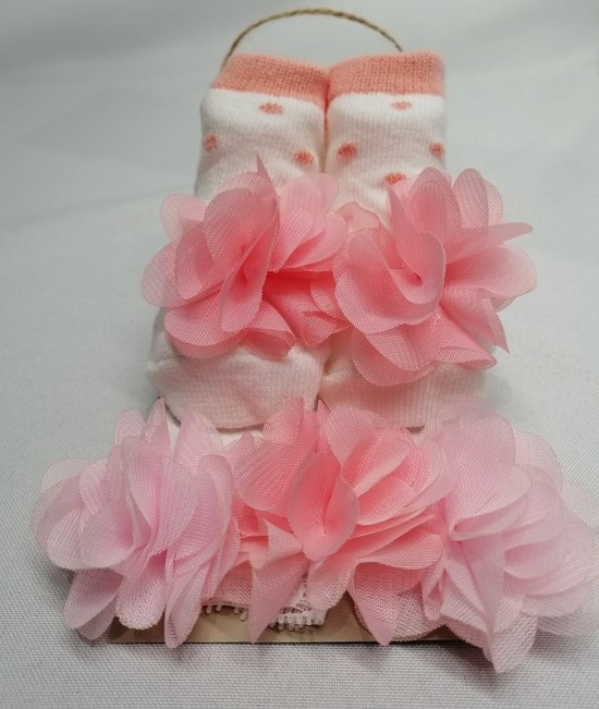 Tom & Zoe - Baby Haarband met Bijpassende Sokjes - Meisje - Roomwit met Zalmroze Bloem - Set - 0-6 mnd - Kraamkado Tip !! van Tom & Zoe