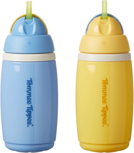 Tommee Tippee geïsoleerde Active rietjesbeker – 2 stuks – 266 ml –lekvrije waterfles voor peuters 12m+ - blauw en geel van Merkloos