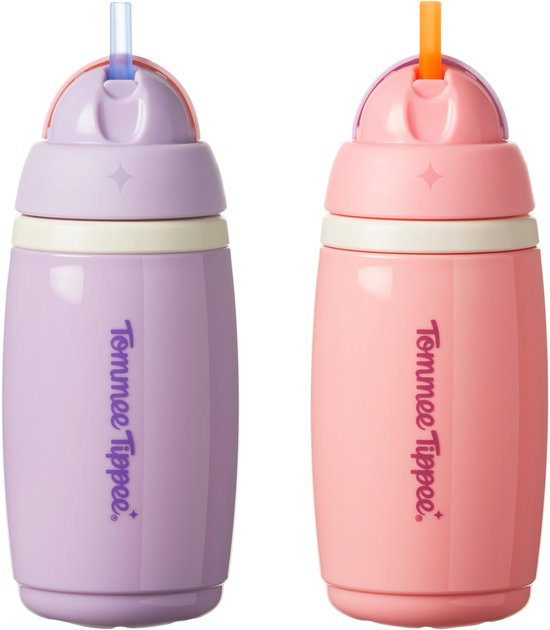 Tommee Tippee geïsoleerde Active rietjesbeker - 2 stuks - 266 ml –lekvrije waterfles voor peuters 12m+ - roze en paars van Merkloos