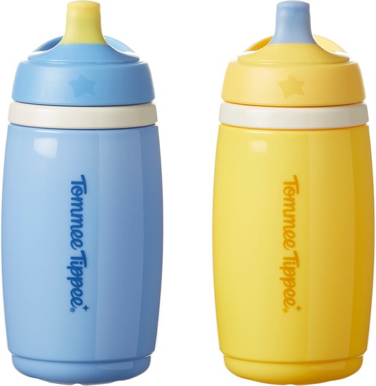 Tommee Tippee geïsoleerde Active tuitbeker - 2 stuks - 266 ml - lekvrije waterfles voor peuters 12m+ - blauw en geel van Merkloos