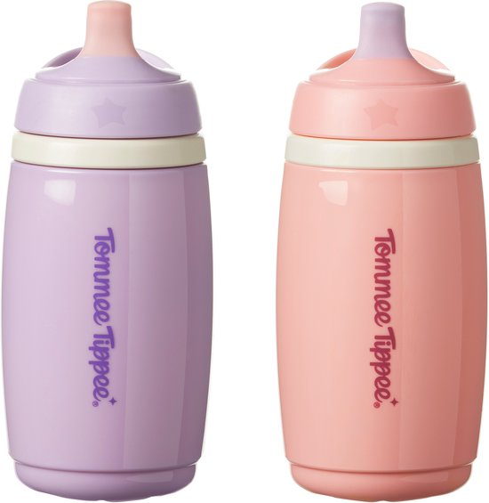 Tommee Tippee geïsoleerde Active tuitbeker - 2 stuks - 266 ml - lekvrije waterfles voor peuters 12m+ - roze en paars van Merkloos