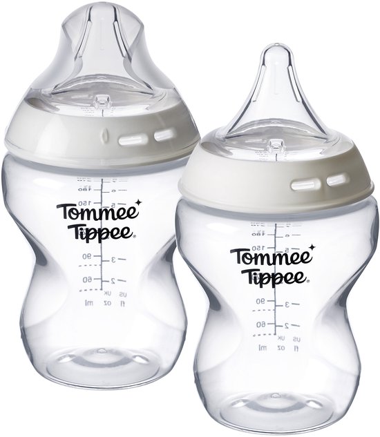 Tommee Tippee Natural Start babyfles en driehoekige Deep Latch-spenen - set van 2 x 260ml baby flessen - lage toevoersnelheid 0m+