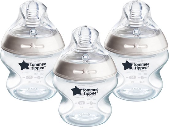 Tommee Tippee Natural Start Babyflessen, 0m+, babyflessen set van 3, 150ml, speen in de vorm van een borst voor een natuurlijke zuigwijze, lage stroomsnelheid, zelfsteriliserend en BPA-vrij, Baby Feeding Essentials van Merkloos