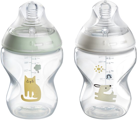 Tommee Tippee Natural Start Babyflessen - set van 2 x 260ml baby flessen - Lage toevoersnelheid 3m+ - gedecoreerd van Merkloos