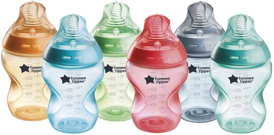Tommee Tippee Natural Start Babyflessen, set van 6 x 260ml baby flessen - Lage toevoersnelheid 0m+ - kleurrijk van Merkloos