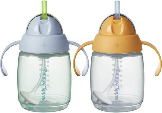 Tommee Tippee rietjesbeker - 2 stuks - 240 ml - met handgrepen en verzwaard siliconen rietje - voor peuters van 6m+ maanden - blauw en oranje van Merkloos
