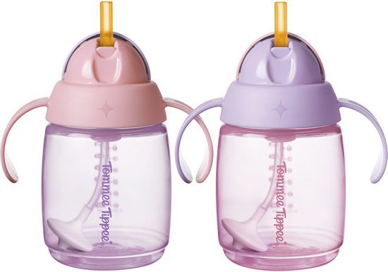 Tommee Tippee rietjesbeker - 2 stuks - 240 ml - met handgrepen en verzwaard siliconen rietje - voor peuters van 6m+ maanden - roze en paars