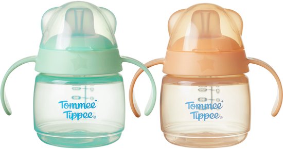 Tommee Tippee tuitbeker - 2 stuks- 150 ml - lekvrije oefenbeker met een bijtvaste tuit - voor peuters 4m+ - groen en oranje van Merkloos