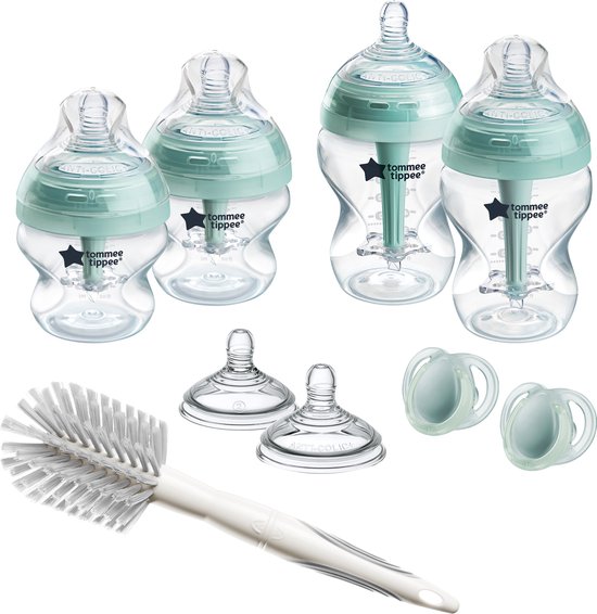 Tommee Tippee zuigflessen, Advanced Anti-Colic Newborn Starter Set voor baby's met krampjes, 4 x flesjes, 2 x borst-gelijkende spenen met gemiddelde doorstroomsnelheid, geventileerd anti-koliek ventiel, Baby Feeding Essentials van Tommee Tippee