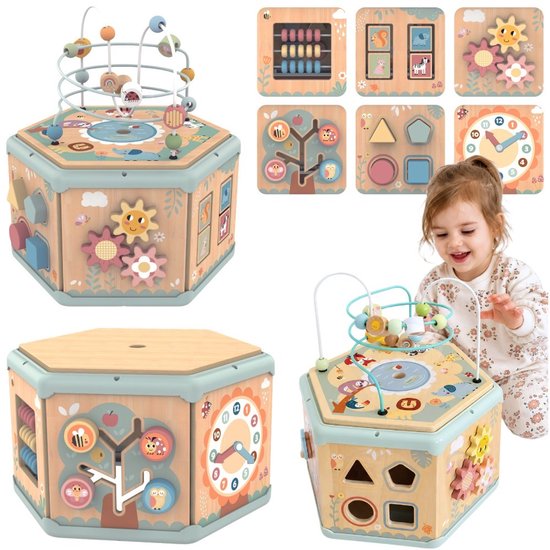 Tooky Toy Activiteitenkubus - FSC Hout - 7-in-1: Kralenspiraal, Telraam en meer - Geschikt voor 2+ Jaar - Educatief & Montessori Speelgoed