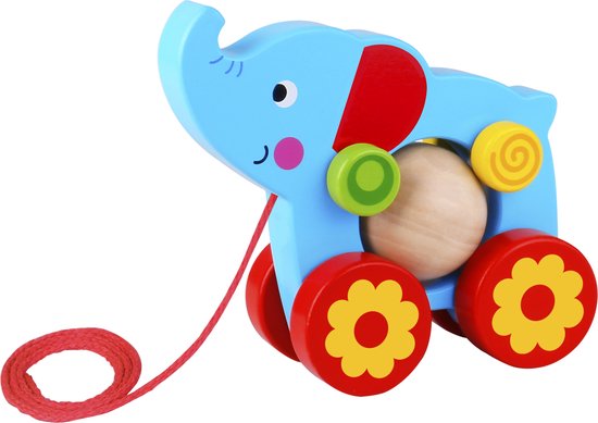 Tooky Toy Olifant Trekfiguur - Houten Speelgoed - Vanaf 18 Maanden - Blauw/rood van Merkloos