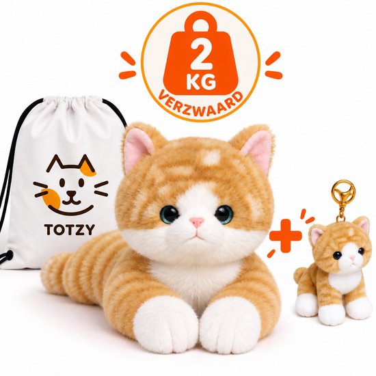 TOTZY Verzwaringsknuffel Kat 45 cm - 2 kg - Verzwaarde Knuffel + Knuffel sleutelhanger & Rugzak - Anti Stress - Voor Kinderen & Volwassenen - Sensorisch Speelgoed - Weighted Stuffed Animal- rust zenuwstelsel