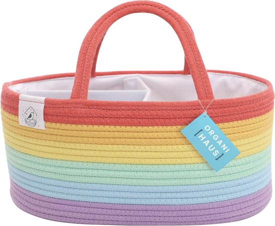 Touw Luier Caddy Mand & Baby Verschoonmand | Luier Caddy Organizer | Kwekerijmand & cadeaus voor pasgeborenen | Baby-organizer voor commode Mand Verdelers & Handgrepen - Regenboog van T