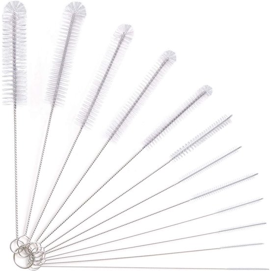 TOVBMUP Automatische koffiemachine kleine reinigingsborstel - 12-pack - Rietjesborstelset - Babyflesreinigingsborstel - Melkslangborstel - Theepotsproeier nylon slangborstelset - Dunne flessenborstel - Wit