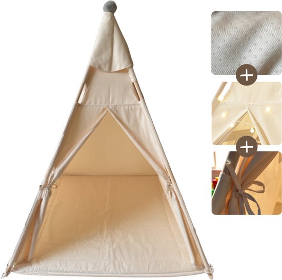 ToyStreet Tipi Tent Kinderen - Eenvoudig Opzetten - Speeltent - incl. Anti-Slip Mat & Verlichting - Crème