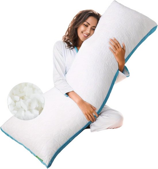 Traagschuim Kussen - Lang Lichaamskussen - Zijslapen Comfort - Dynamische Ondersteuning - 130x43cm - Wit Blauw