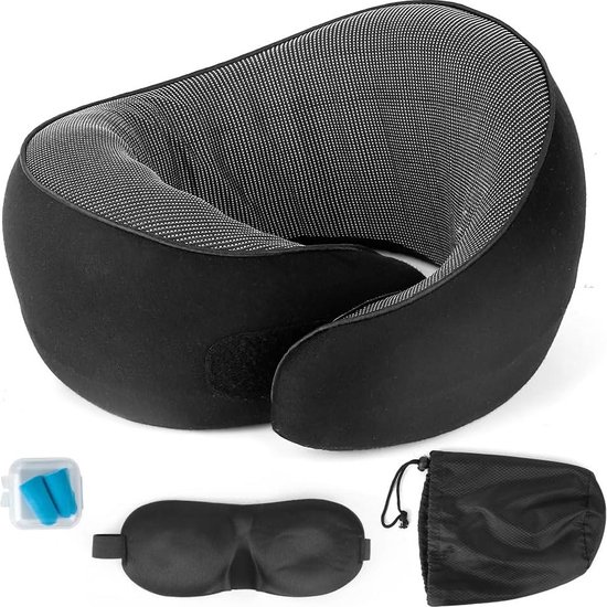 Traagschuim nekkussen met bevestigingsriem voor op reis - ideaal voor vliegtuig, auto, trein - inclusief slaapmasker, oordopjes en nettas van T