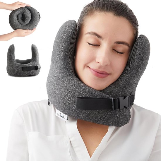 Traagschuim reiskussen met wasbaar overtrek - verstelbaar nekkussen voor op reis - hoofdsteun voor auto vliegtuig kantoor thuis - grijs van T