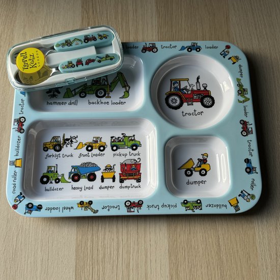 tractor werkvoertuigen kinder melamine servies (vakjesbord met bestek) - Tyrrell Katz
