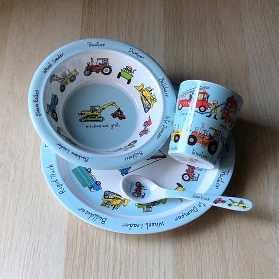 Tractor Werkvoertuigen kinder servies set melamine (bord + kom + bekertje + lepel) - Tyrrell Katz