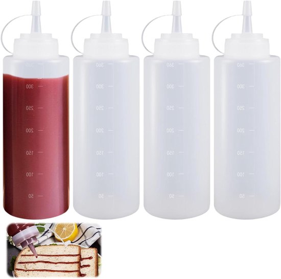 Transparante knijpflessen set 4 stuks - 360 ml - Doppen - Saus dispenser - Schilderen - Bakken - Ketchup - Scherpe saus - Olijfolie