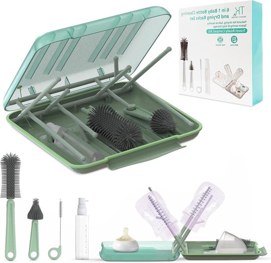 Travel Bottle Cleaner Set - Versatile Portable Bottle Cleaning Kit for Parents - BPA Free and Portable Baby Travel Essential - Bottle Drying Rack for Travel and Daily Use - Drying Rack for van travel