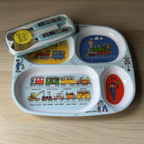 Treinen kinder melamine servies (vakjesbord met bestek) - Tyrrell Katz