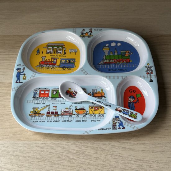 Treinen kinder melamine servies (vakjesbord met lepel) - Tyrrell Katz