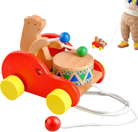 Trekspeelgoed voor kinderen, trommelwagen met beer van hout, educatief om te lopen, voor kleuterschool, indoorspel, verjaardag, feest, salon, tuin
