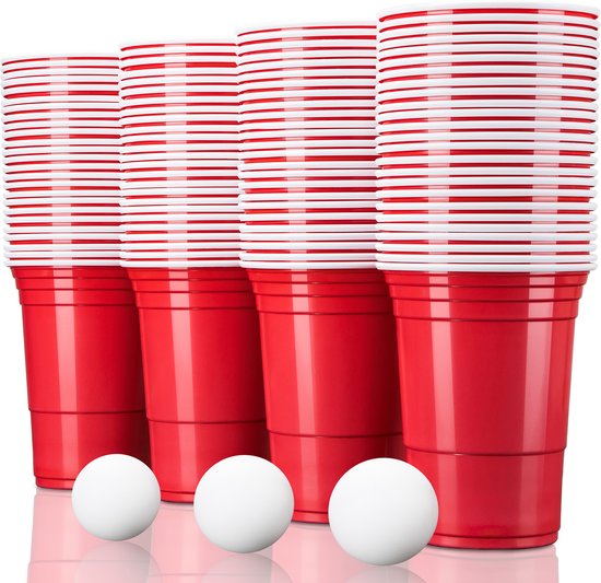 TRESKO 100 Beer Pong Bekers met 6 ballen Herbruikbaar | Partybekers 473ml - 16oz | Bierpong, Red Cups Extra Sterk | Plastic Bekers Rood