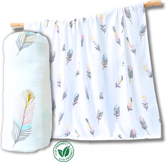 Triplepack 3x BoefieBoef Gekleurde Veer Wit Grote XL Hydrofiele Doek Baby - Duurzaam Eco Bamboe - Kerst en KraamCadeau - Swaddle, Inbakerdoek, Hydrofiele Luier & Babydeken - Roze Blauw Geel
