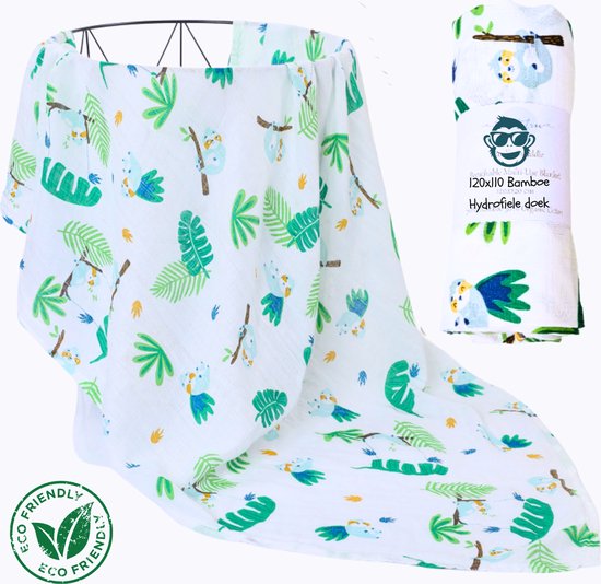 Triplepack 3x BoefieBoef Jungle Luiaard Grote XL Hydrofiele Doek Baby - Duurzaam Eco Bamboe | Swaddle, Inbakerdoek, Hydrofiele Luier & Babydeken - Bladeren Plant Groen Wit