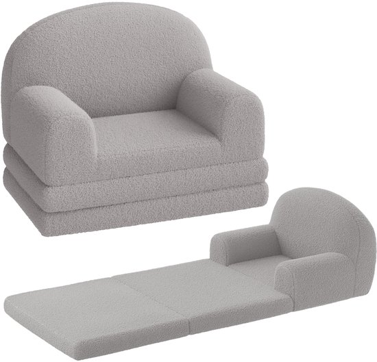 Triumpunpre 2-in-1 Opvouwbare Kindersofa & Lounge Fauteuil - Zachte Teddyfleece Kinderstoel met Verwijderbare Hoes - Semi-Circulair Design - Inklapbare Kinderbank als Loungebank - Grijs
