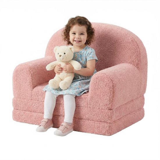 Triumpunpre 2-in-1 Opvouwbare Kindersofa & Lounge Fauteuil - Zachte Teddyfleece Kinderstoel met Verwijderbare Hoes - Semi-Circulair Design - Inklapbare Kinderbank als Loungebank - Wit