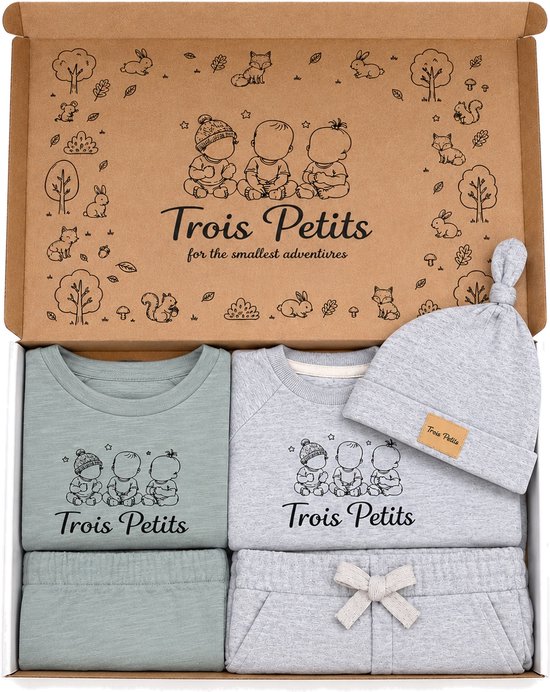 Trois Petits® Kraamcadeau Giftset Baby Kleding - 5-Delig Compleet Pakket - Herfst/Wintersetje, Zomersetje & Muts - Biologisch Katoen - Kraamcadeau Jongen & Meisje - Babyshower Cadeau - Origineel Kraamcadeau