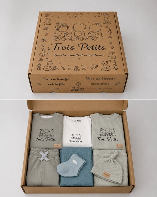 Trois Petits® Kraamcadeau Giftset Baby Kleding - 8-Delig Compleet Pakket - Herfst/Wintersetje, Zomersetje & Muts - Hydrofiel doek - Romper Biologisch Katoen - Kraamcadeau Jongen & Meisje - Babyshower Cadeau - Origineel Kraamcadeau