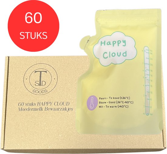 TSD goods (Happy Cloud) - Moedermelk Bewaarzakjes - 60 stuks - Extra groot - 300 ml - met Schenktuit - Borstvoeding Bewaarzakje - Babyvoeding Bewaarbakjes - Borstvoeding Zakjes - Makkelijk beschrijfbaar