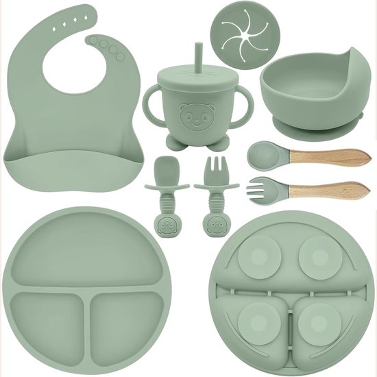 TTLUOKER 8-Delig Baby Servies Set (Siliconen) - Met Zuignapbord & Anti-Lek Beker | Vaatwasser- & Ovenbestendig | BPA-Vrij | Lichtgroen van Merkloos