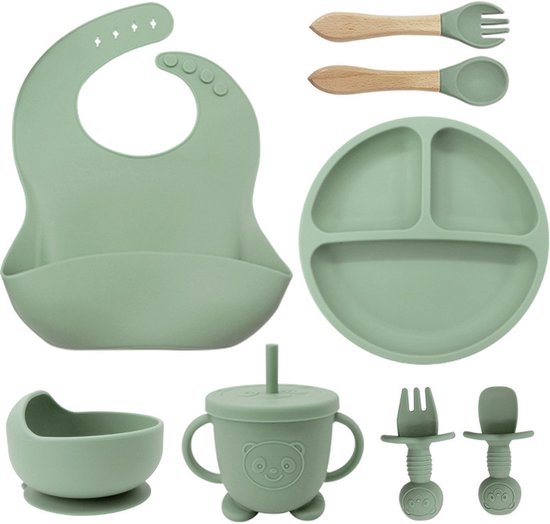 TTLUOKER®8-Delig Kinderservies set Siliconen - Baby Servies set Incl. bord met zuignap, drinkbeker met rietje, slabbetje en 2 sets Kinderbestek - Baby Bestek Siliconen - Vaatwasserbestendig - Ovenbestendig - BPA Vrij - Lichtgroen van Merkloos