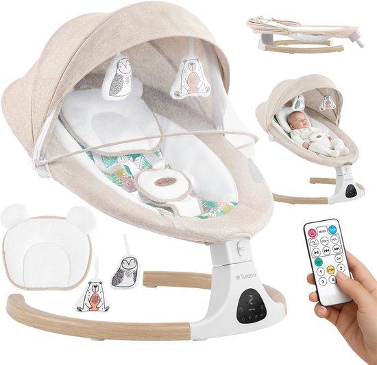 Tulano Astrid 35 Elektrische Babywipstoel met Muziek, Bluetooth, Timer, Bewegingssensor en Afstandsbediening – Inclusief Kussen, Speeltjes, Kap en Klamboe – Beige van Merkloos