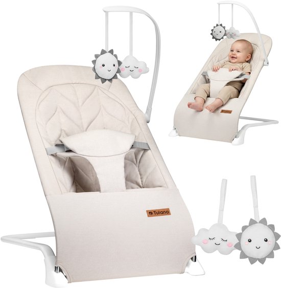 Tulano Moon 10 Baby Wipstoel - Verstelbare Baby Bouncer met Speelboog & 3-Punts Gordel - Tot 9 kg - Beige van Merkloos