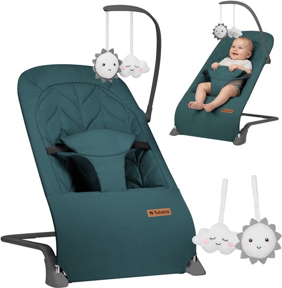 Tulano Moon 10 Baby Wipstoel - Verstelbare Baby Bouncer met Speelboog & 3-Punts Gordel - Tot 9 kg - groen van Merkloos