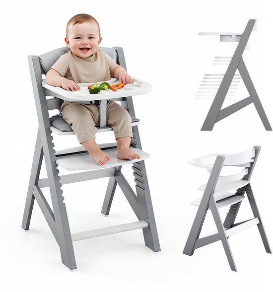 Tulano Morsel 40 - houten kinderstoel - meegroeistoel - Inclusief kussen - grijs/wit - 4 in 1