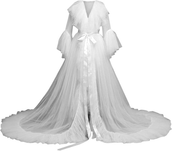 Tule badjas voor dames, lange snit, nachtjurk, bruidsjurk, transparante lingerie, vrouwelijke badjas, elegante huiskleding, kanten versiering, zachte stofkwaliteit