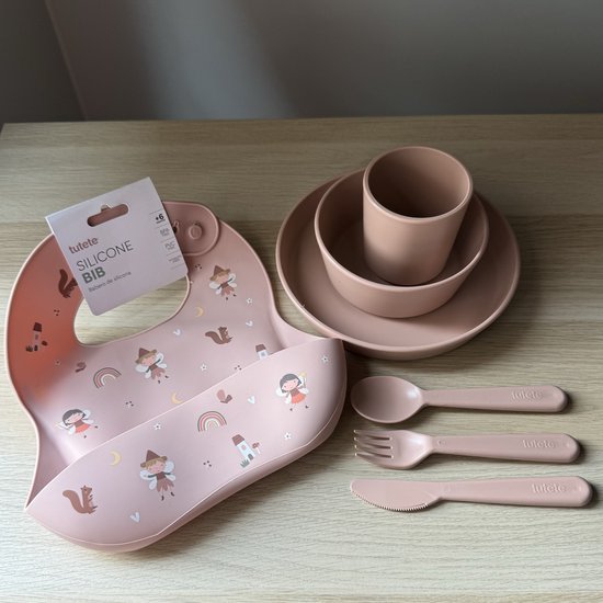 Tutete - polypropyleen kinderservies set met siliconen slab - bord kom beker vork mes lepel - roze / zalm Wild Fairies / Feeën van T