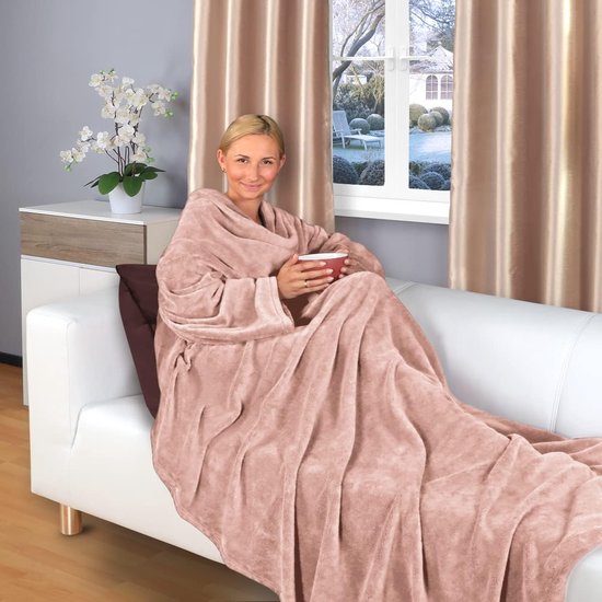 TV-deken met mouwen en voetenzak, 180 x 150 cm, knufffeldeken, vele kleuren, superzacht, flanelen microvezelfleece (roze)