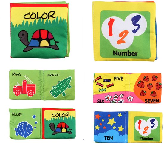 Twee pop-upboekjes van stof voor baby's, educatief speelgoed, handzame boekjes in het Engels, en stoffen boekjes voor het herkennen van dieren en cijfers (cijfers + kleuren).