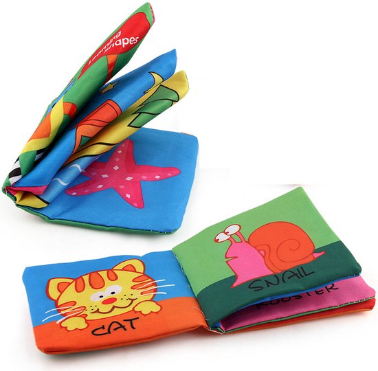 Twee pop-upboekjes van stof voor baby's, educatief speelgoed, handzame boekjes in het Engels, en stoffen boekjes voor het herkennen van dieren en cijfers (dieren, vormen).