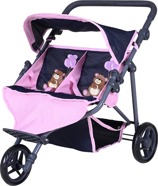 twee poppenwagen Duo - Marine Roze Beer