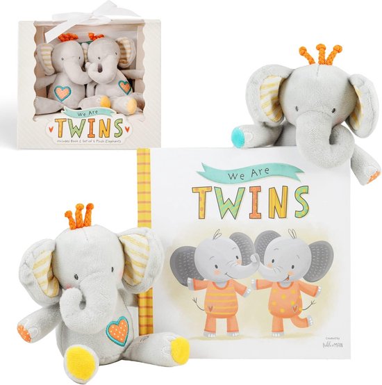 Tweeling Cadeauset Baby - Knuffel Olifanten Rammelaars en Herinneringsboek van Merkloos